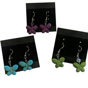 BUTTERFLY EARRINGS Set of 3 Hook Style Blue Purple Green